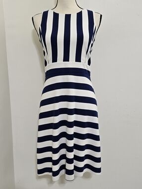 Navy and White Striped Sleeveless Fit & Flare Dress